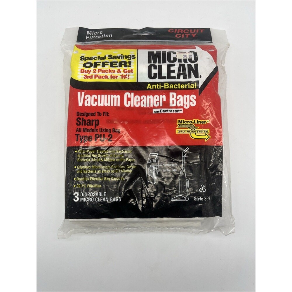 Circuit City Micro Clean Vacuum Cleaner Bags Sharp Type PU-2, Sealed